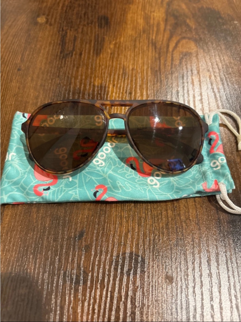Goodr Aviator Sunglasses in Brown with Flamingo Drawstring Pouch